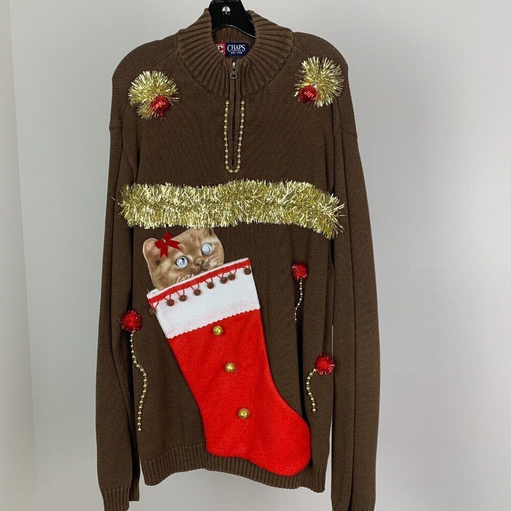 Ugly Christmas Sweater Men's sz XL Cat in a Stocking Half Zip Gold Garland OOAK